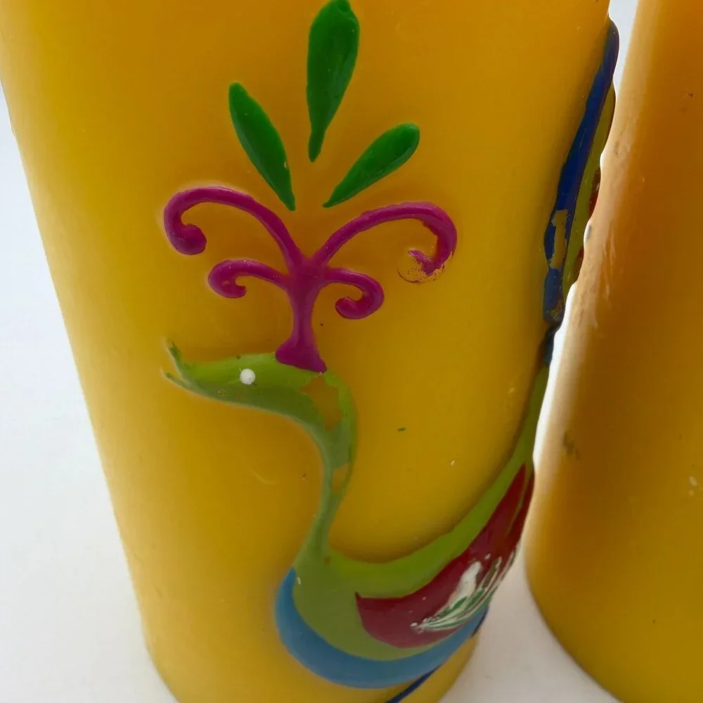 Pier 1 yellow peacock pillar candles‎ set of two summer home decor lake house